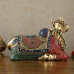 Brass Nandi Statue with Stonework | 15" x 21" x 11" | 22.5 kg | Intricate Stone Inlay | Traditional Hindu Temple Bull Sculpture | Sacred Art | Jaipurio